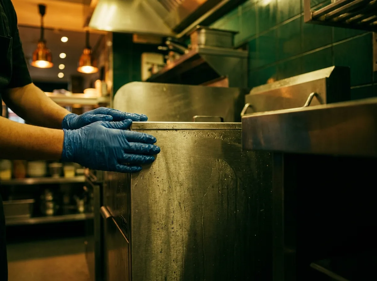 Nettoyage et contrôle d'un bac à graisse inox dans une cuisine professionnelle